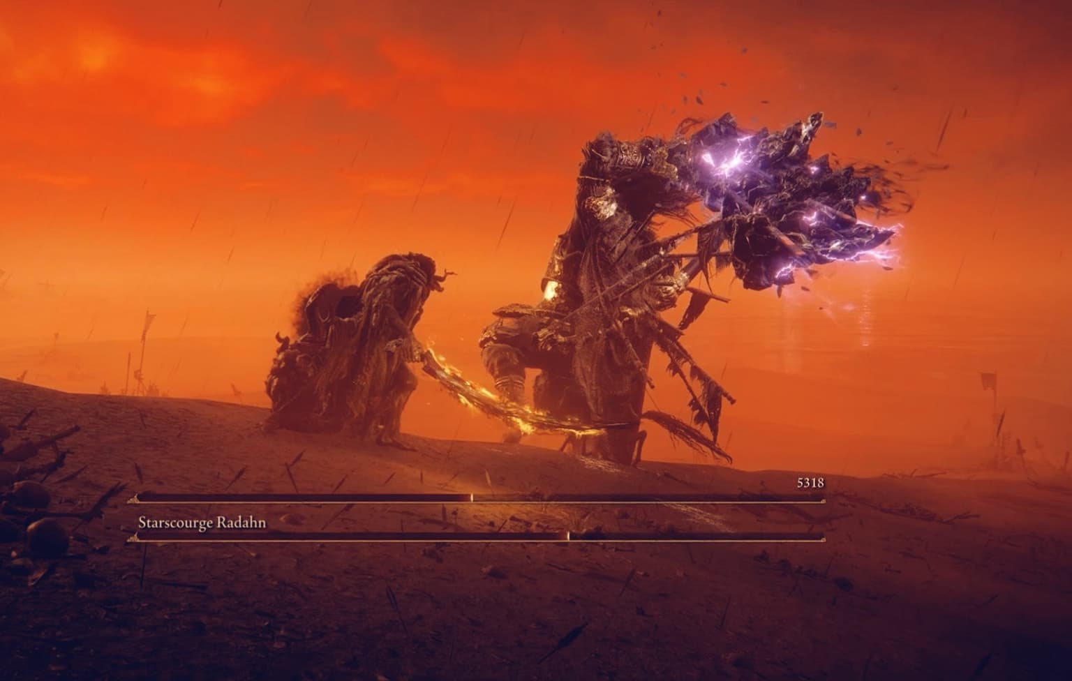 Starscourge Radahn boss fight in Elden Ring showing the battlefield arena with summons